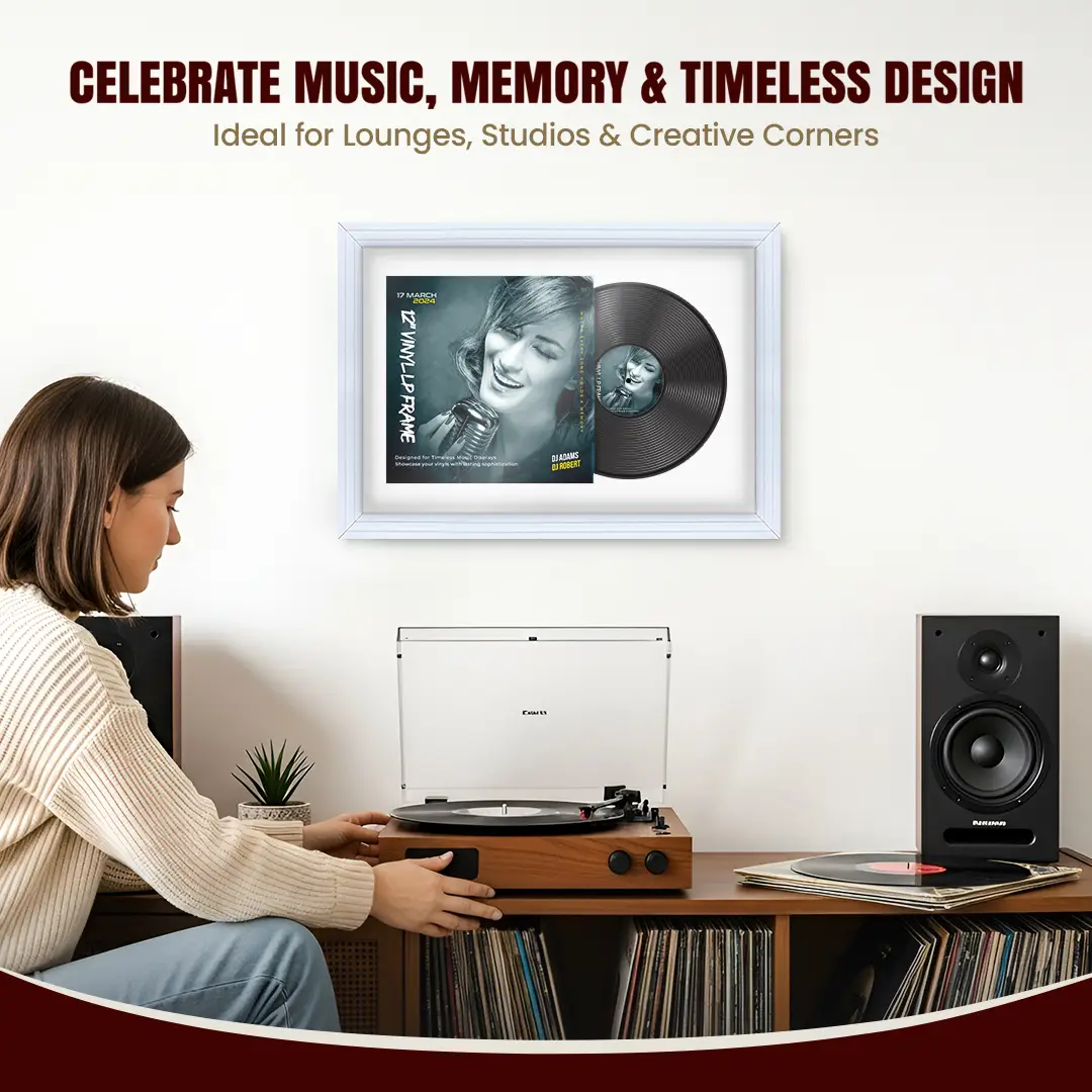 25x17" Step White Vinyl Record Frame For LP Cover & Disc With Ice White Mount | Overlapped Display thumbnail 4