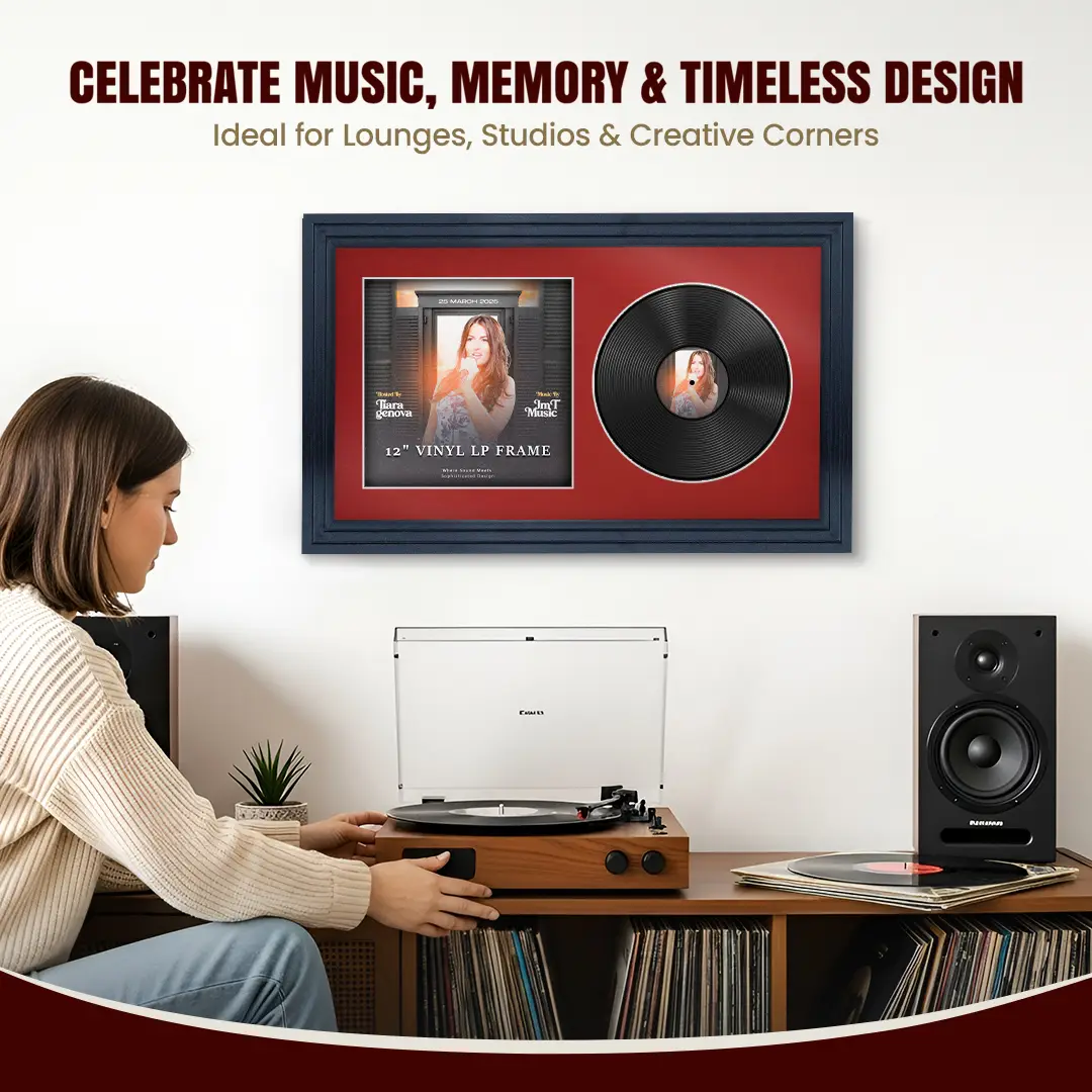 30x17" Step Black Vinyl Record Frame With Crimson Mount | Displays 12" LP Cover & Disc Side by Side thumbnail 4
