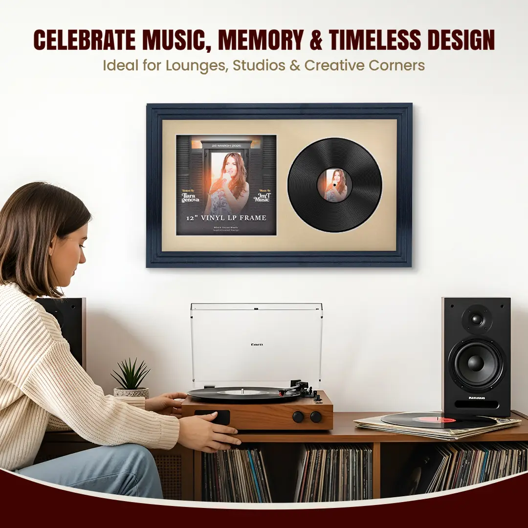 30x17" Step Black Vinyl Record Frame With Ivory Mount | For 12" LP Cover and Disc Side By Side Display thumbnail 4