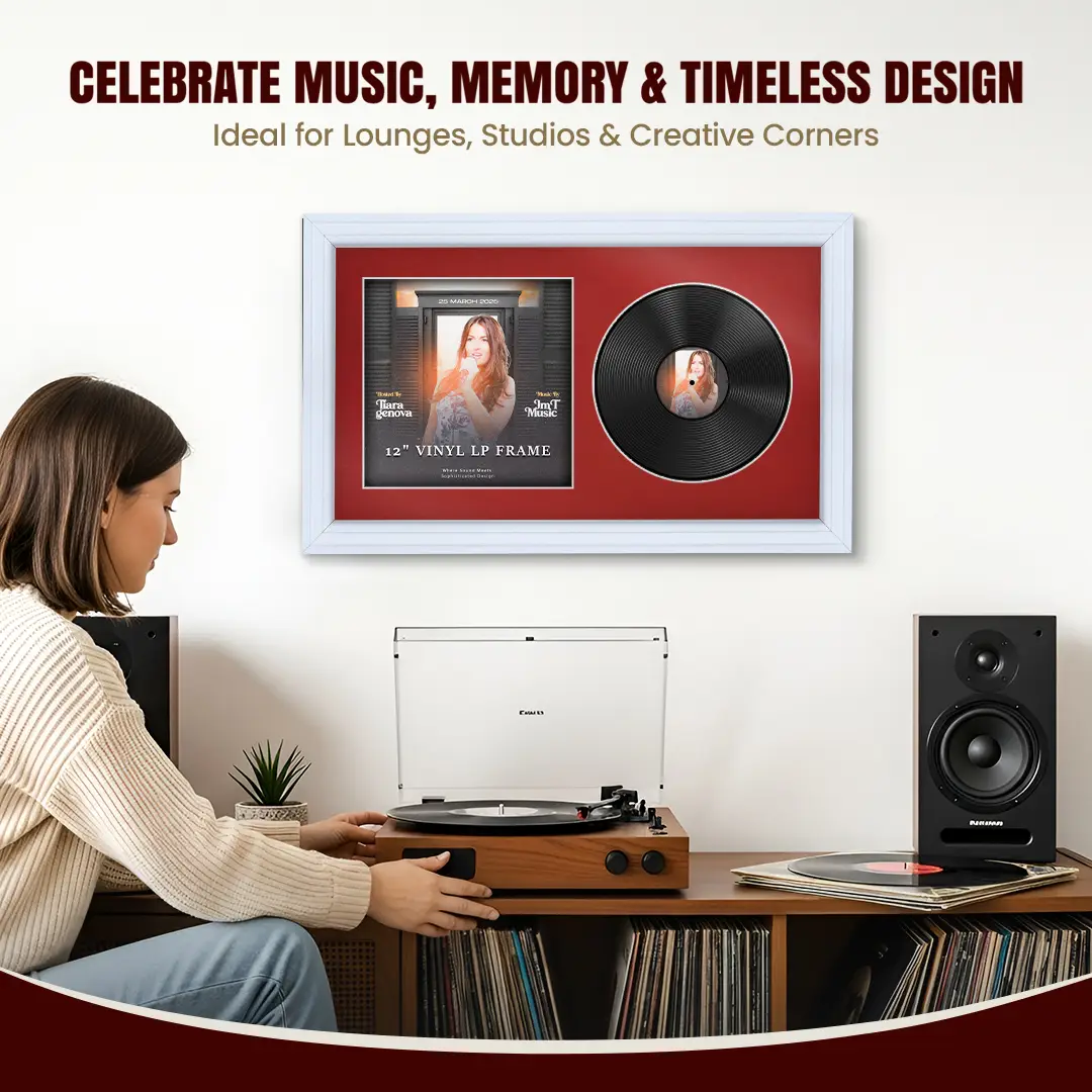 30x17" Step White Vinyl Record Frame With Crimson Mount | For 12" LP Cover and Disc Side By Side Display thumbnail 4