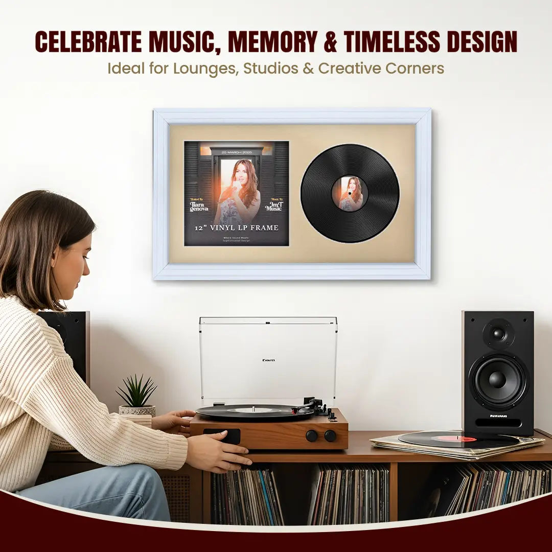 30x17" Step White Vinyl Record Frame With Ivory Mount | Side by Side 12" LP Cover & Disc Display thumbnail 4