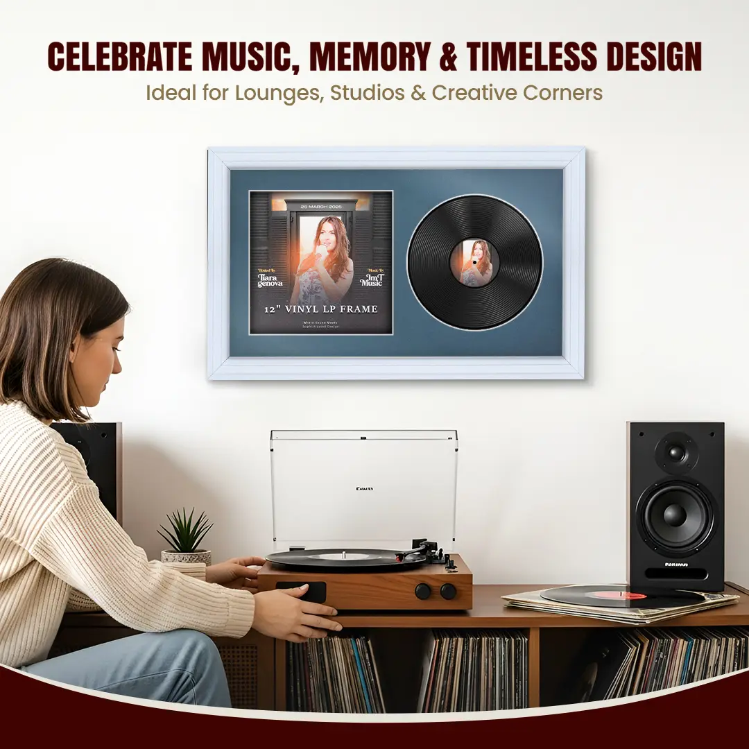 30x17" Step White Vinyl Record Frame With Pompador Mount | Displays 12" LP Cover & Disc Side by Side thumbnail 4