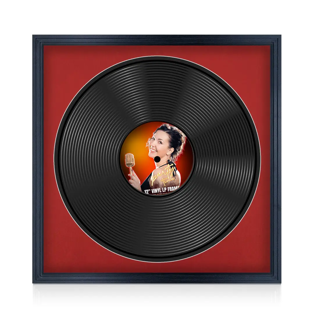 16x16" Step Black Vinyl Record Frame With Crimson Mount For 12" LP Discs | Elegant Frame For Music Lovers