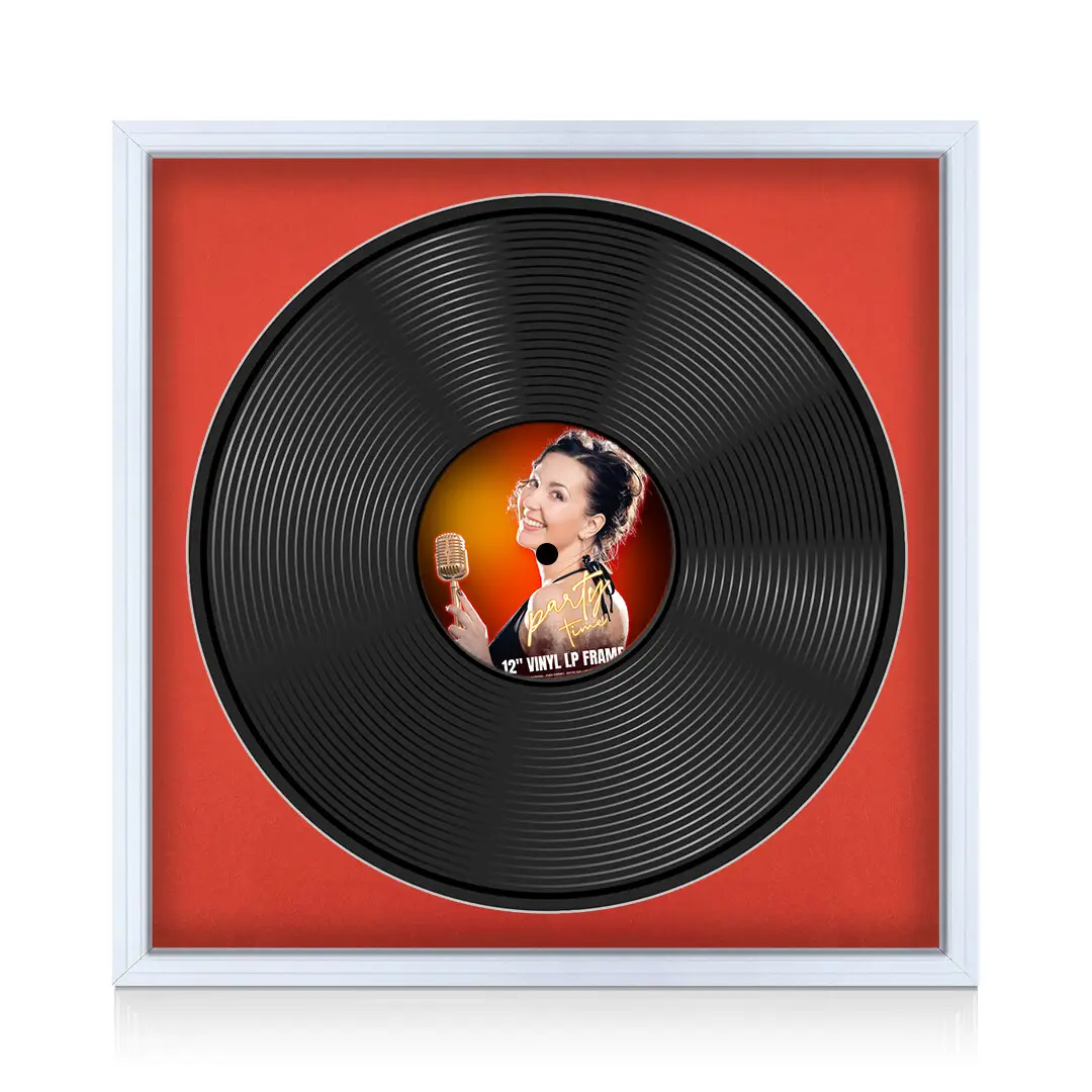 16x16" Step White Vinyl Record Frame With Poppy Red Mount For 12" LP Discs | Contemporary Wall Display