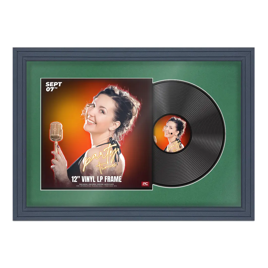25x17" Step Dark Grey Vinyl Record Frame For 12 Inch LP Cover & Disc (Overlapped) With White Mount | Elegant Music Display