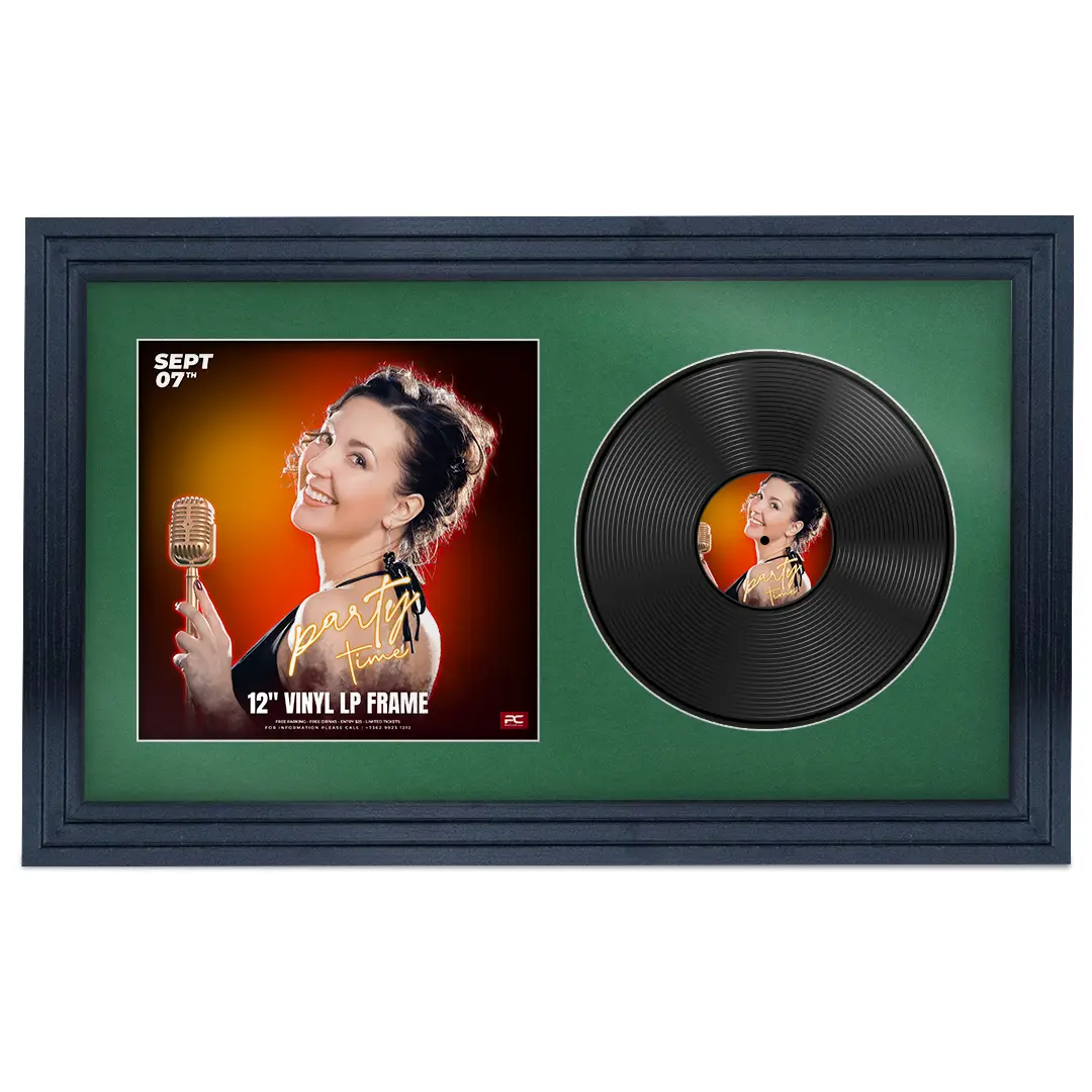30x17" Step Black Vinyl Record Frame With Emerald (Green) Mount | For 12" LP Cover and Disc Side By Side Display