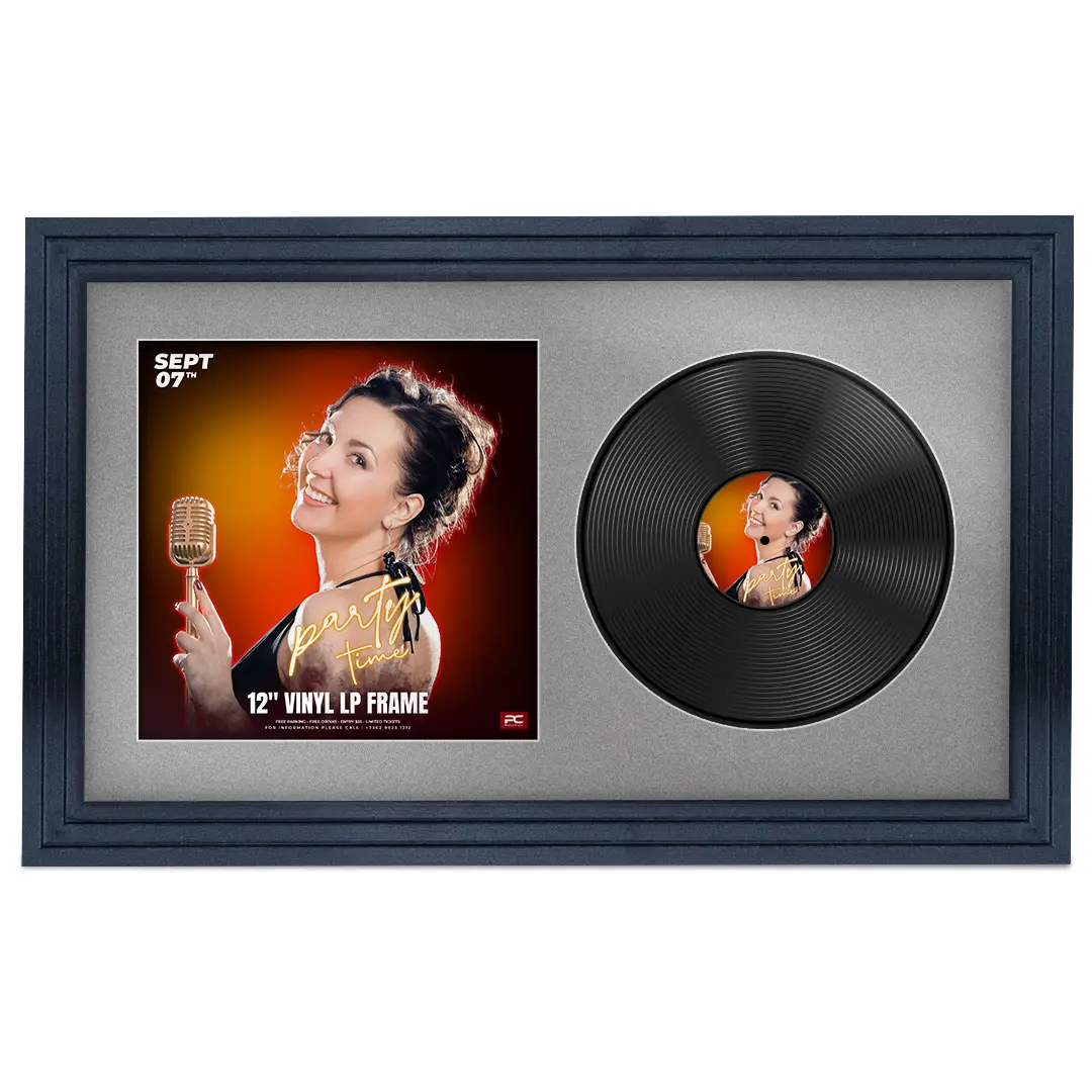 30x17" Step Dark Grey Vinyl Record Frame With Silver Mount | Displays 12" LP Cover & Disc Side by Side