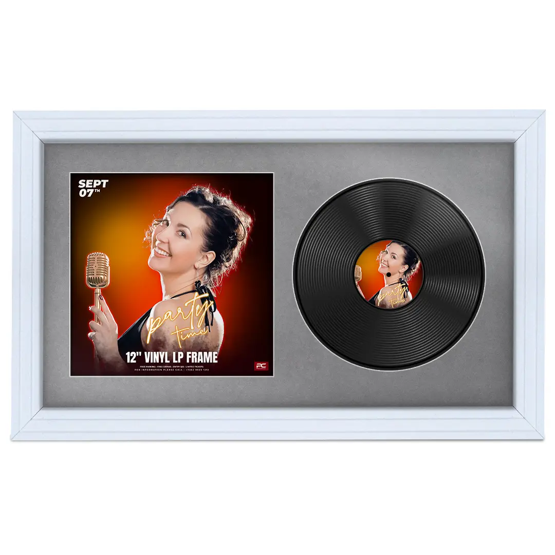 30x17" Step White Vinyl Record Frame With Mid Grey Mount | Displays 12" LP Cover & Disc Side by Side