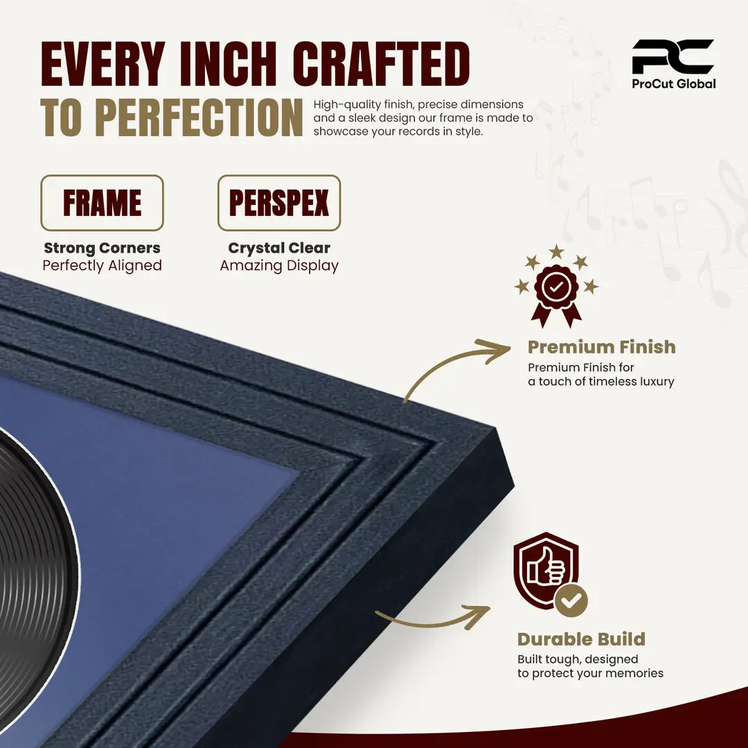 16x16" Step Black Vinyl Record Frame With Blue Mount For 12" LP Discs | Elegant Frame For Music Lovers thumbnail 7