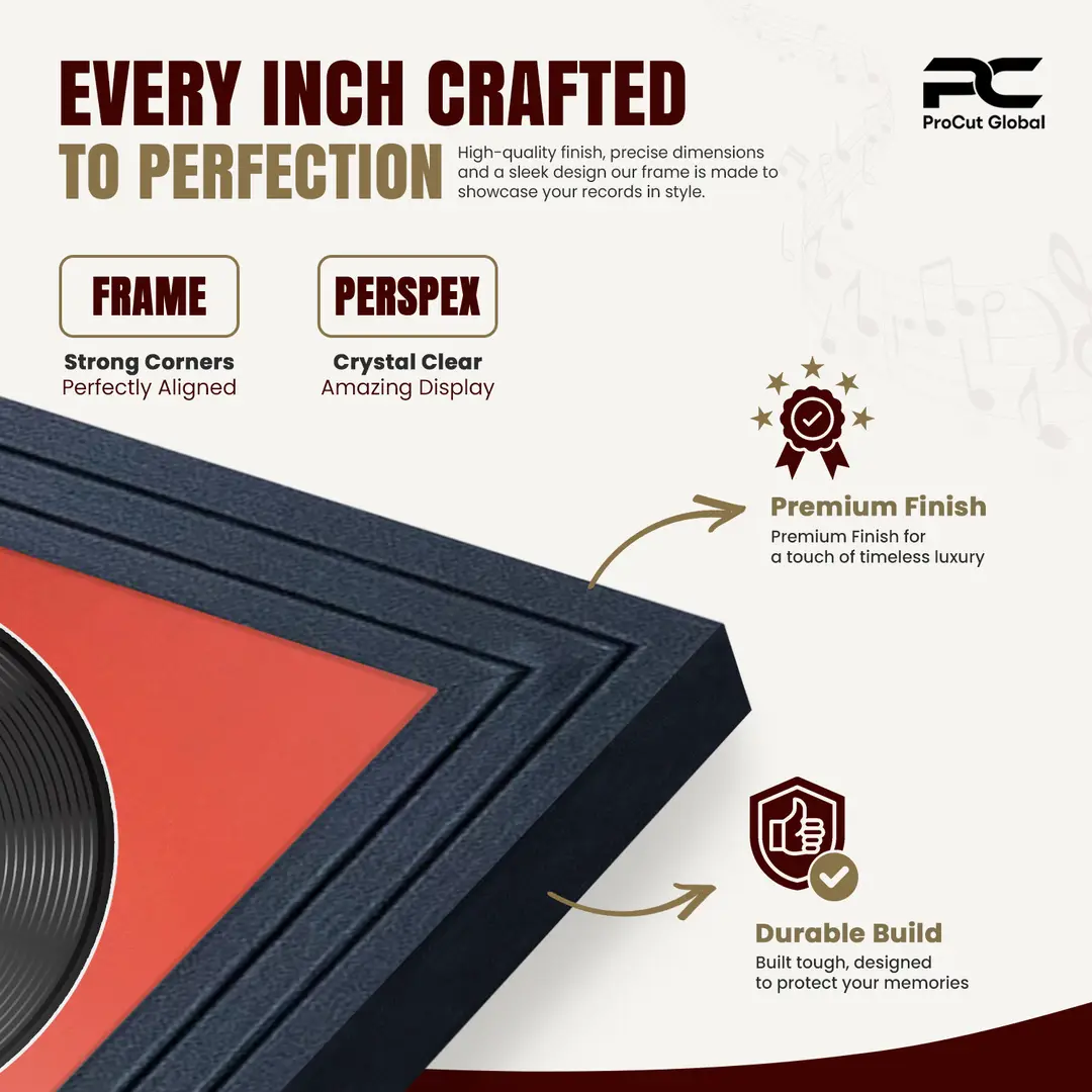 25x17" Step Black Vinyl Record Frame For 12 Inch LP Cover & Disc (Overlapped) With Poppy Red Mount | Elegant Music Display thumbnail 7