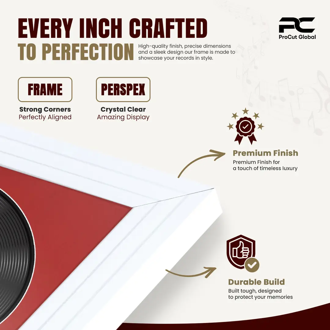 25x17" Step White Vinyl Record Frame For 12 Inch LP Cover & Disc (Overlapped) With Crimson Mount | Elegant Music Display thumbnail 7