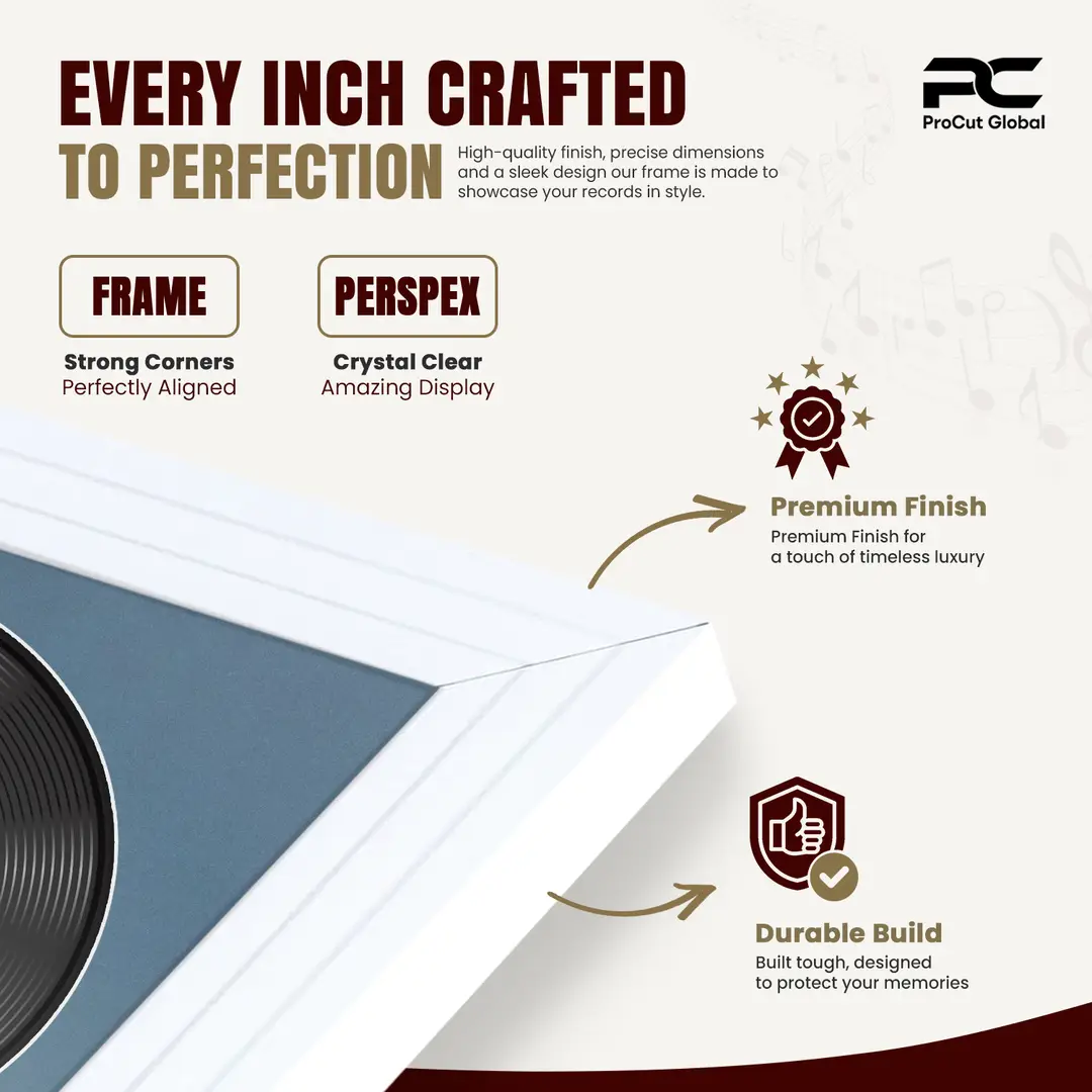 30x17" Step White Vinyl Record Frame With Pompador Mount | Displays 12" LP Cover & Disc Side by Side thumbnail 7
