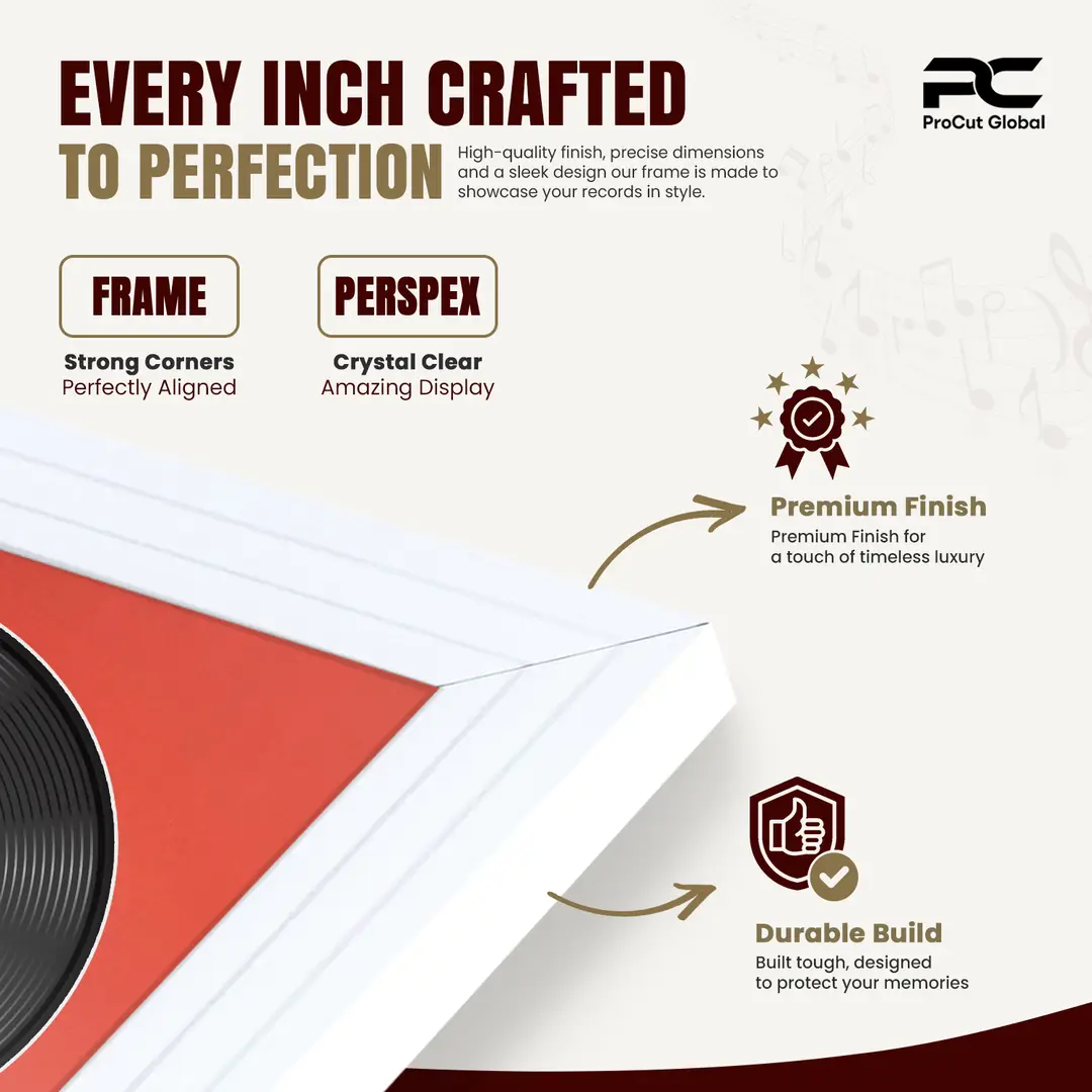 30x17" Step White Vinyl Record Frame With Poppy Red Mount | Displays 12" LP Cover & Disc Side by Side thumbnail 7