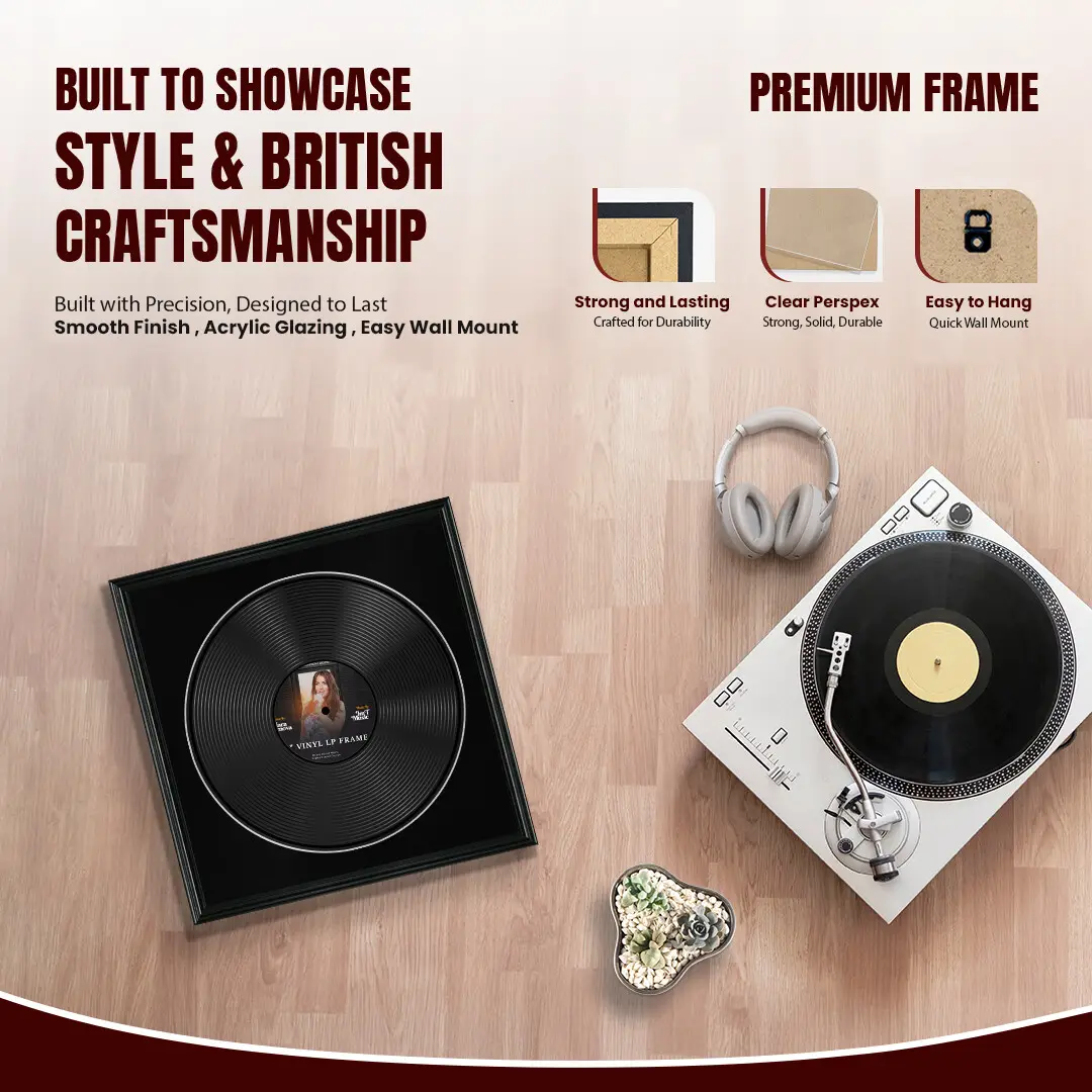16x16" Swept Black Vinyl Record Frame With Black Mount For 12" LP Discs | Elegant Frame For Music Lovers thumbnail 2
