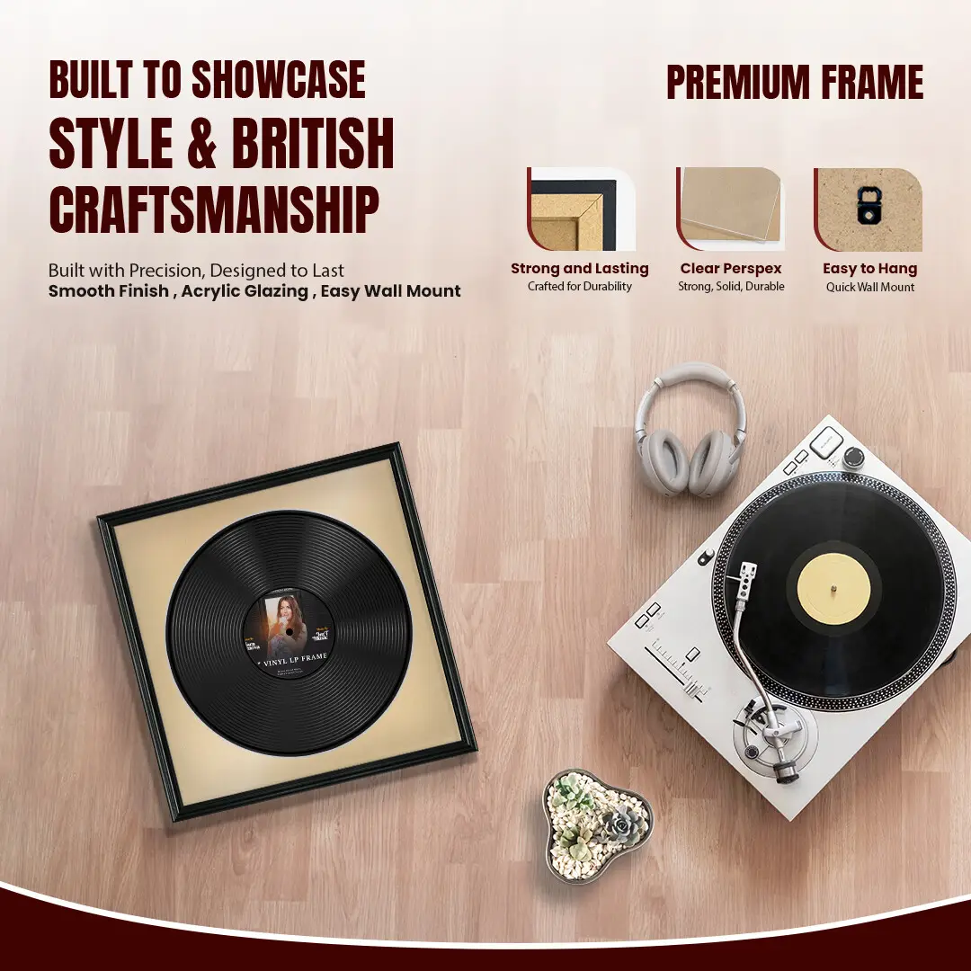 16x16" Swept Black Vinyl Record Frame With Black Mount For 12" LP Discs | Premium Wall Frame For Music Enthusiasts thumbnail 2