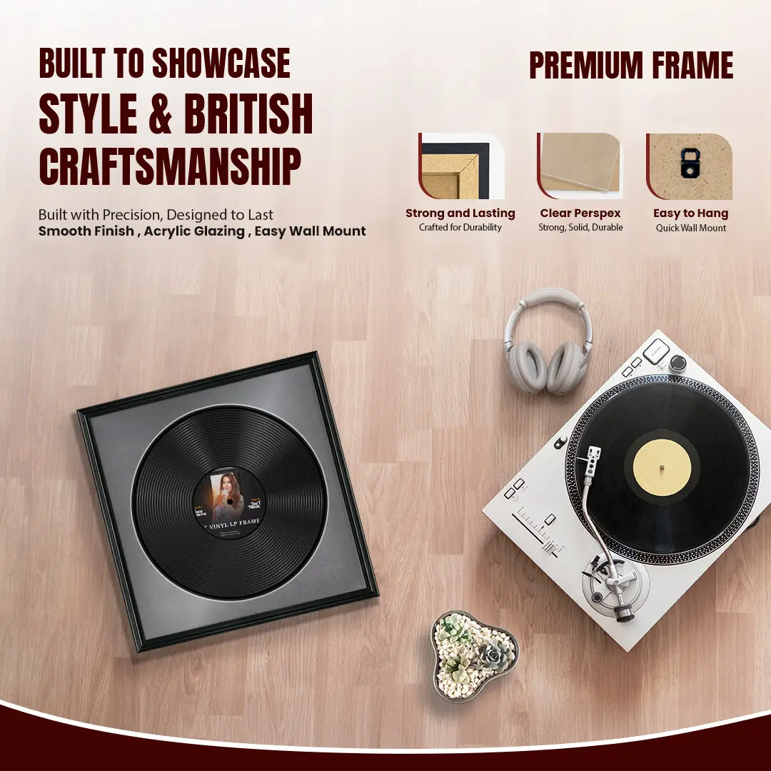 16x16" Swept Black Vinyl Record Frame With Black Mount For 12" LP Discs | Elegant Frame For Music Lovers thumbnail 2