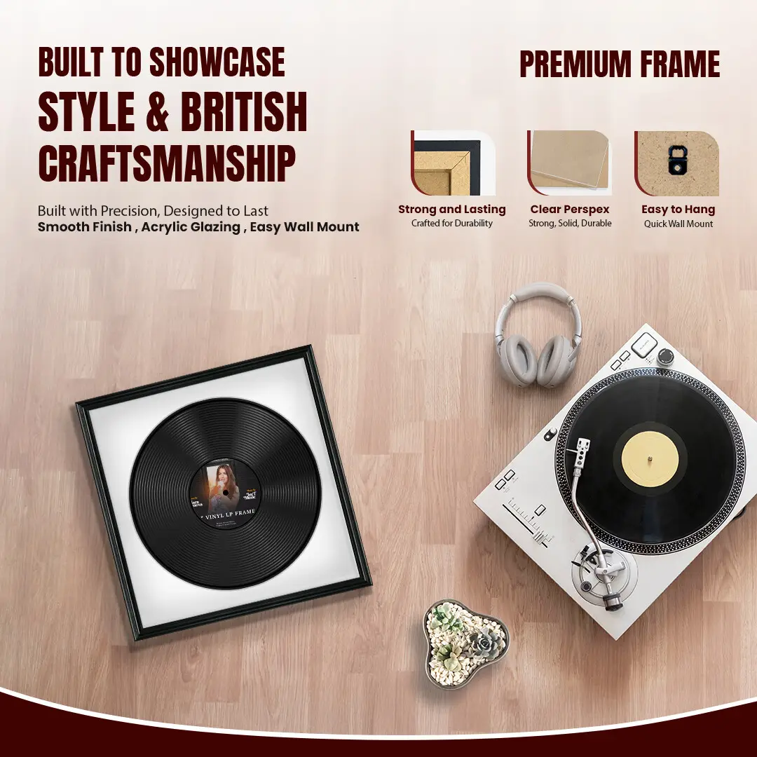 16x16" Swept Black Vinyl Record Frame With Black Mount For 12" LP Discs | Premium Wall Frame For Music Enthusiasts thumbnail 2
