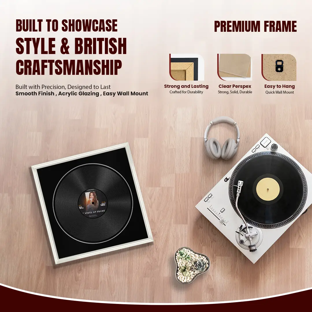16x16" Swept White Vinyl Record Frame With Black Mount For 12" LP Discs | Premium Wall Frame For Music Enthusiasts thumbnail 2