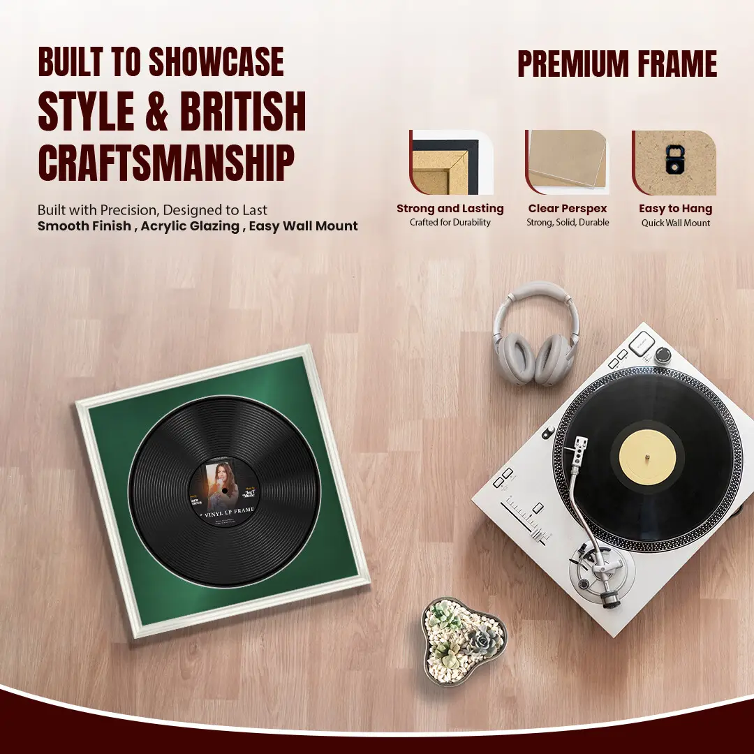 16x16" Swept White Vinyl Record Frame With Emerald (Green) Mount For 12" LP Discs | Contemporary Wall Display thumbnail 2