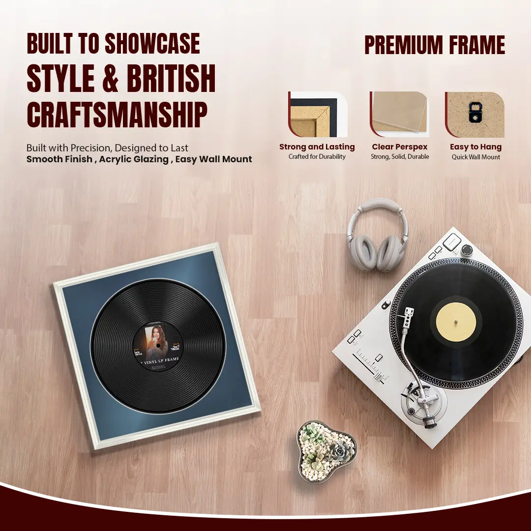 16x16" Swept White Vinyl Record Frame With Black Mount For 12" LP Discs | Elegant Frame For Music Lovers thumbnail 2