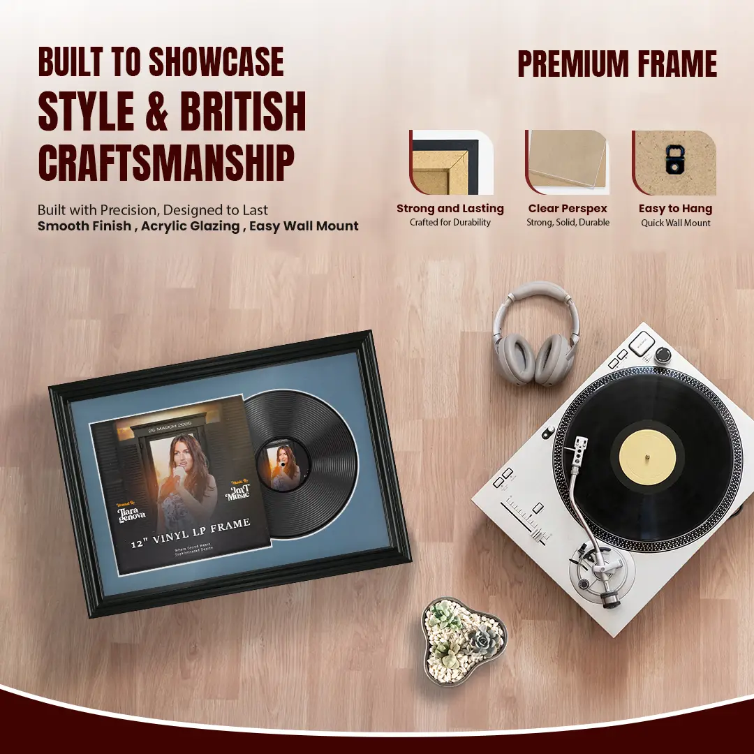 25x17" Swept Black Vinyl Record Frame For 12 Inch LP Cover & Disc (Overlapped) With White Mount | Elegant Music Display thumbnail 2