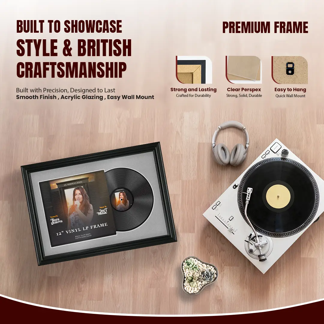 25x17" Swept Black Vinyl Record Frame For 12 Inch LP Cover & Disc (Overlapped) With White Mount | Elegant Music Display thumbnail 2