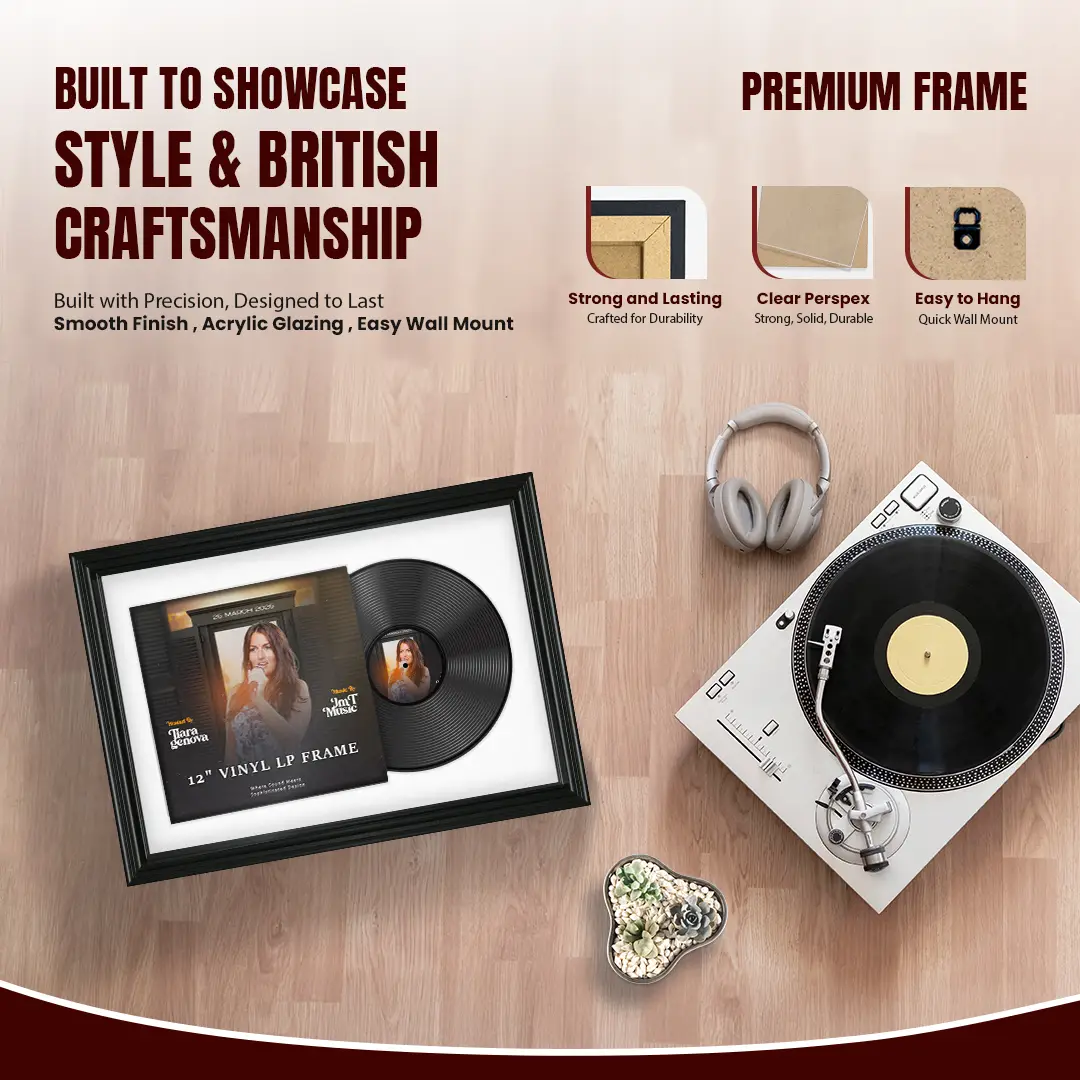 25x17" Swept Black Vinyl Record Frame For 12 Inch LP Cover & Disc (Overlapped) With White Mount | Elegant Music Display thumbnail 2
