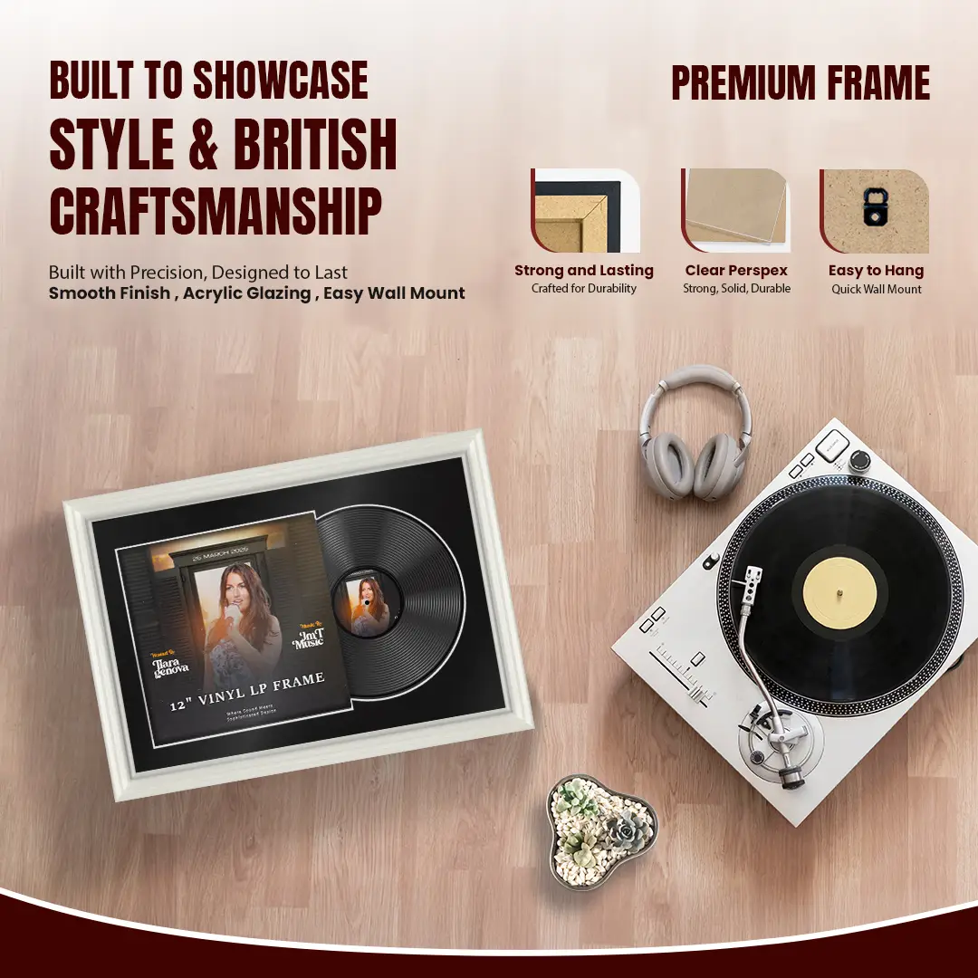 25x17" Swept White Vinyl Record Frame For LP Cover & Disc With Black Mount | Overlapped Display thumbnail 2