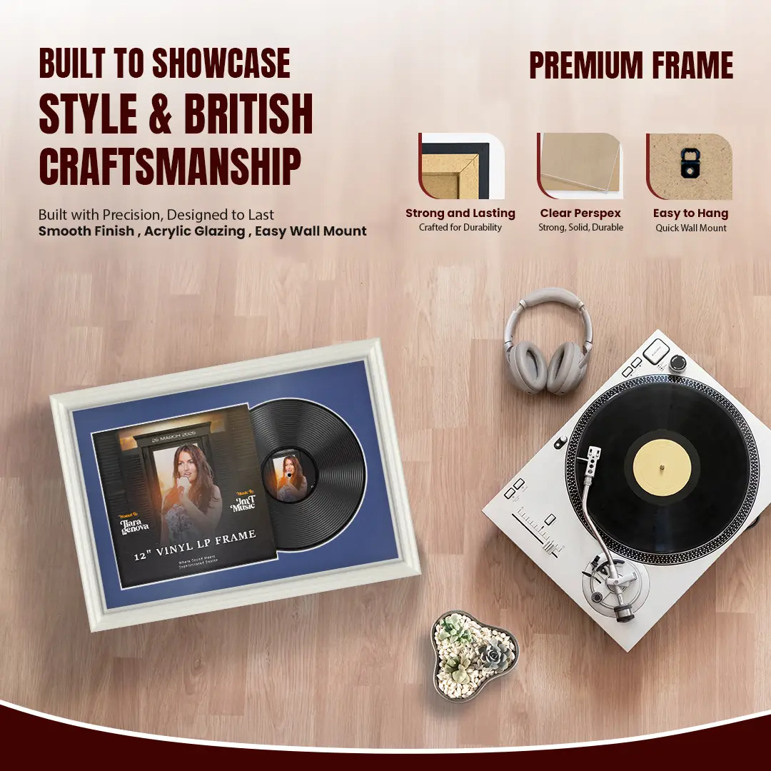 25x17" Swept White Vinyl Record Frame For 12 Inch LP Cover & Disc With Black Mount | Overlapped Vinyl Display thumbnail 2