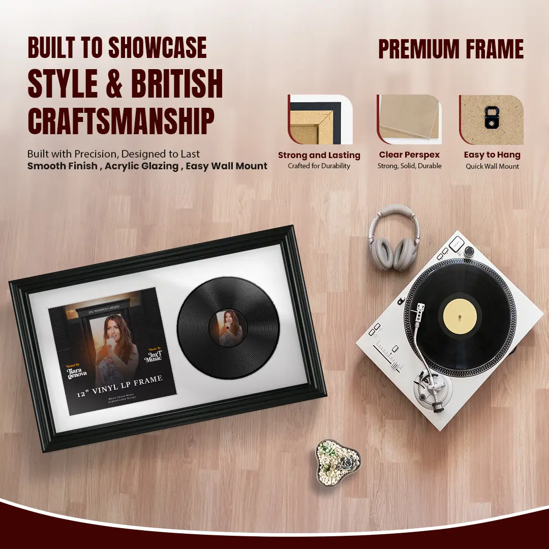 30x17" Swept Black Vinyl Record Frame With Poppy Red Mount | Side by Side 12" LP Cover & Disc Display thumbnail 2