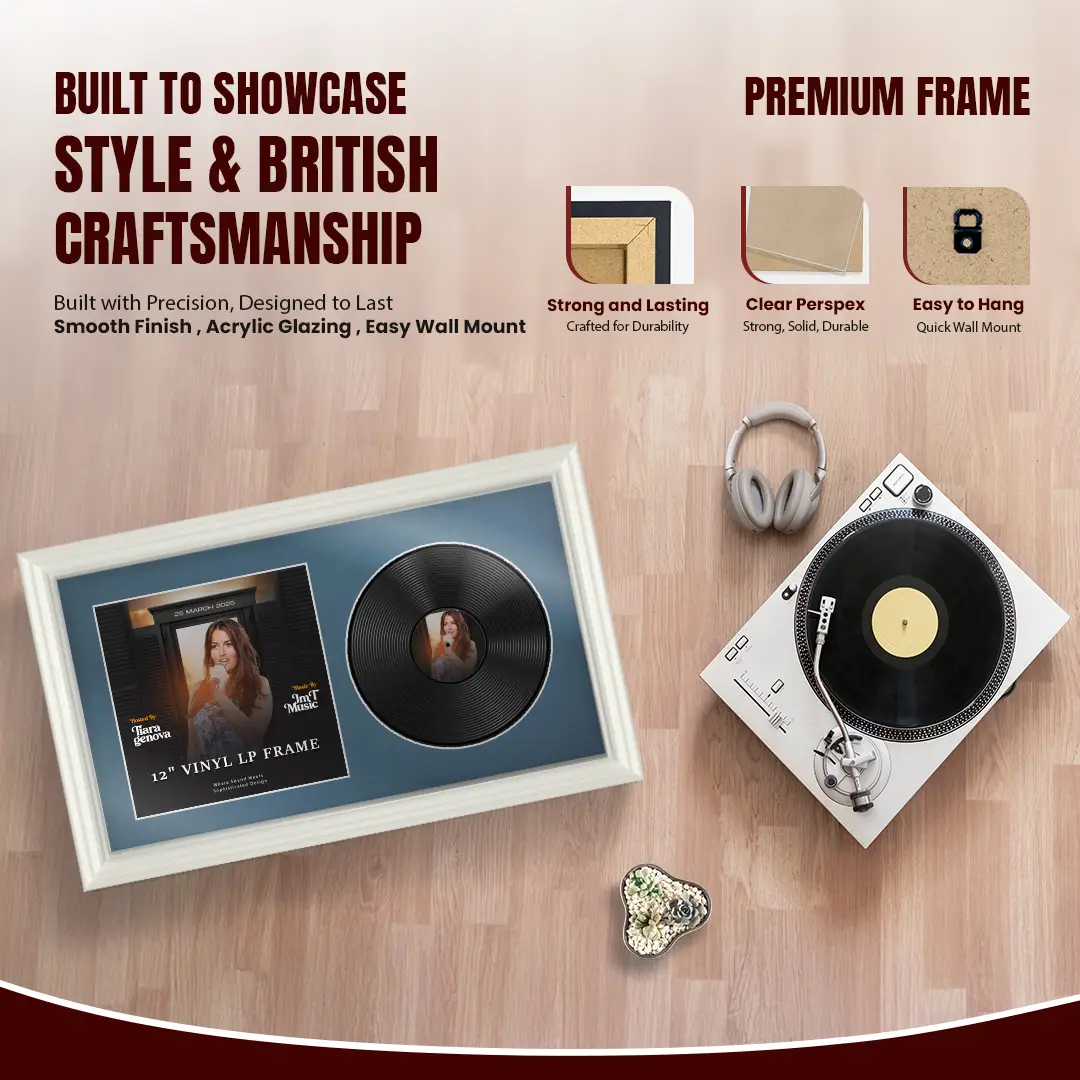 30x17" Swept White Vinyl Record Frame With Pompador Mount | For 12" LP Cover and Disc Side By Side Display thumbnail 2