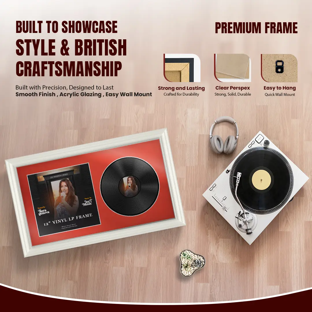 30x17" Swept White Vinyl Record Frame With Silver Mount | For 12" LP Cover and Disc Side By Side Display thumbnail 2