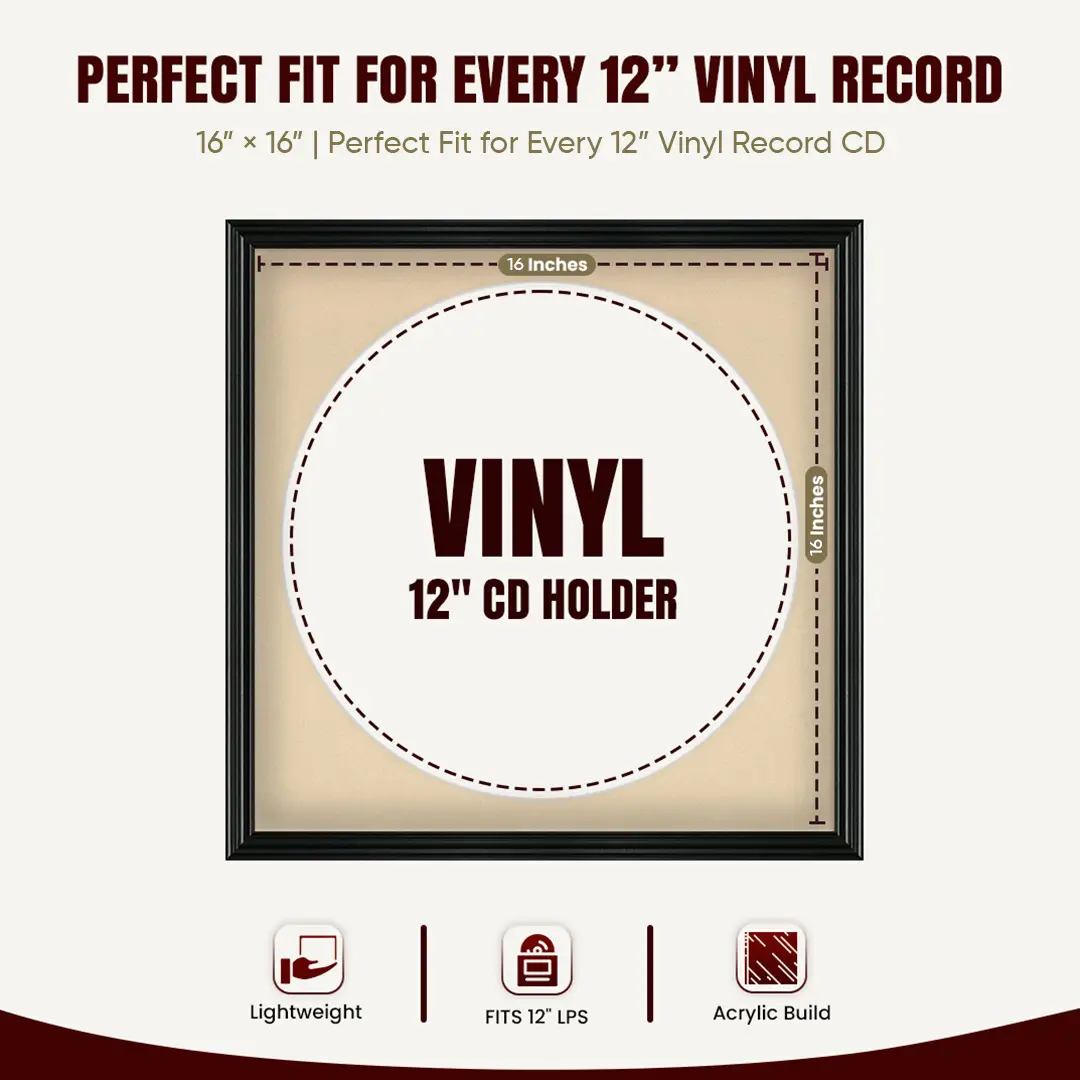 16x16" Swept Black Vinyl Record Frame With Black Mount For 12" LP Discs | Premium Wall Frame For Music Enthusiasts thumbnail 3