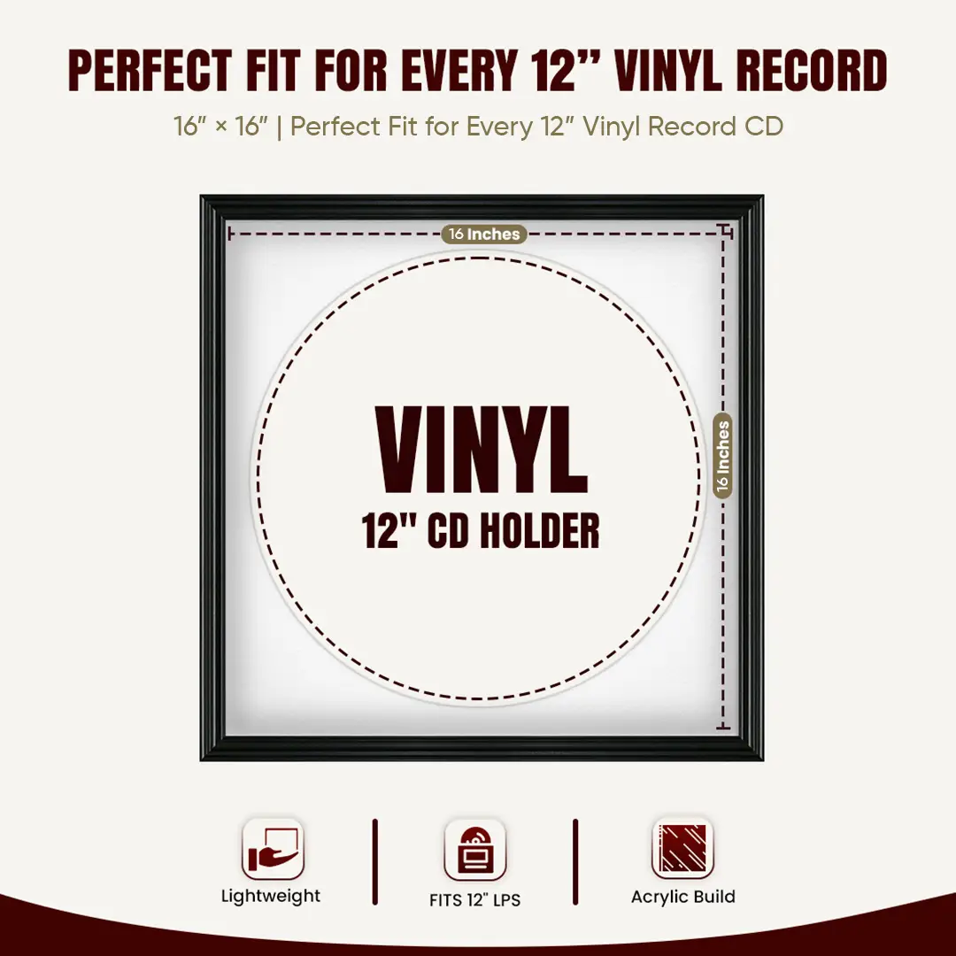 16x16" Swept Black Vinyl Record Frame With Black Mount For 12" LP Discs | Premium Wall Frame For Music Enthusiasts thumbnail 3