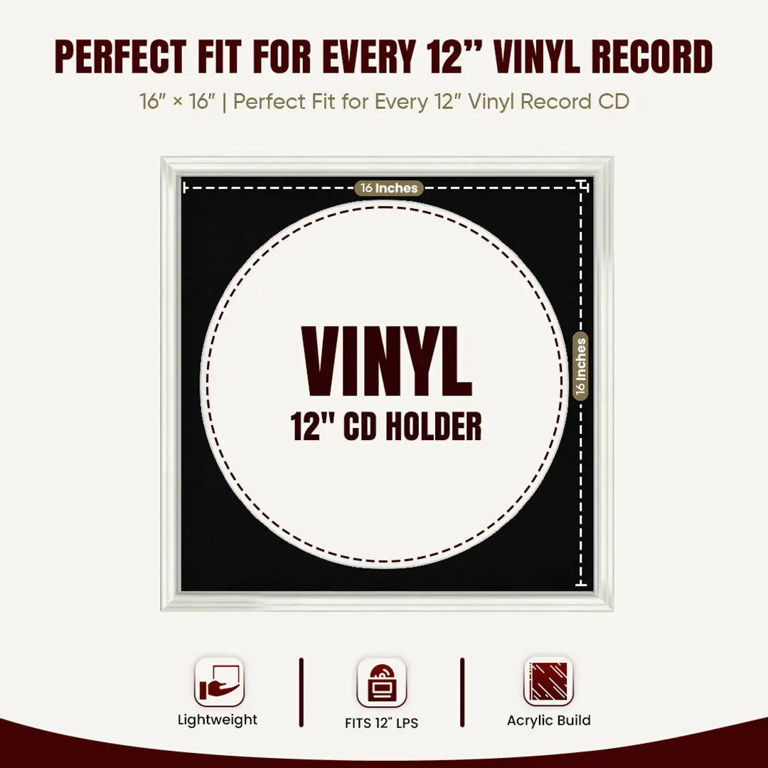 16x16" Swept White Vinyl Record Frame With Black Mount For 12" LP Discs | Premium Wall Frame For Music Enthusiasts thumbnail 3