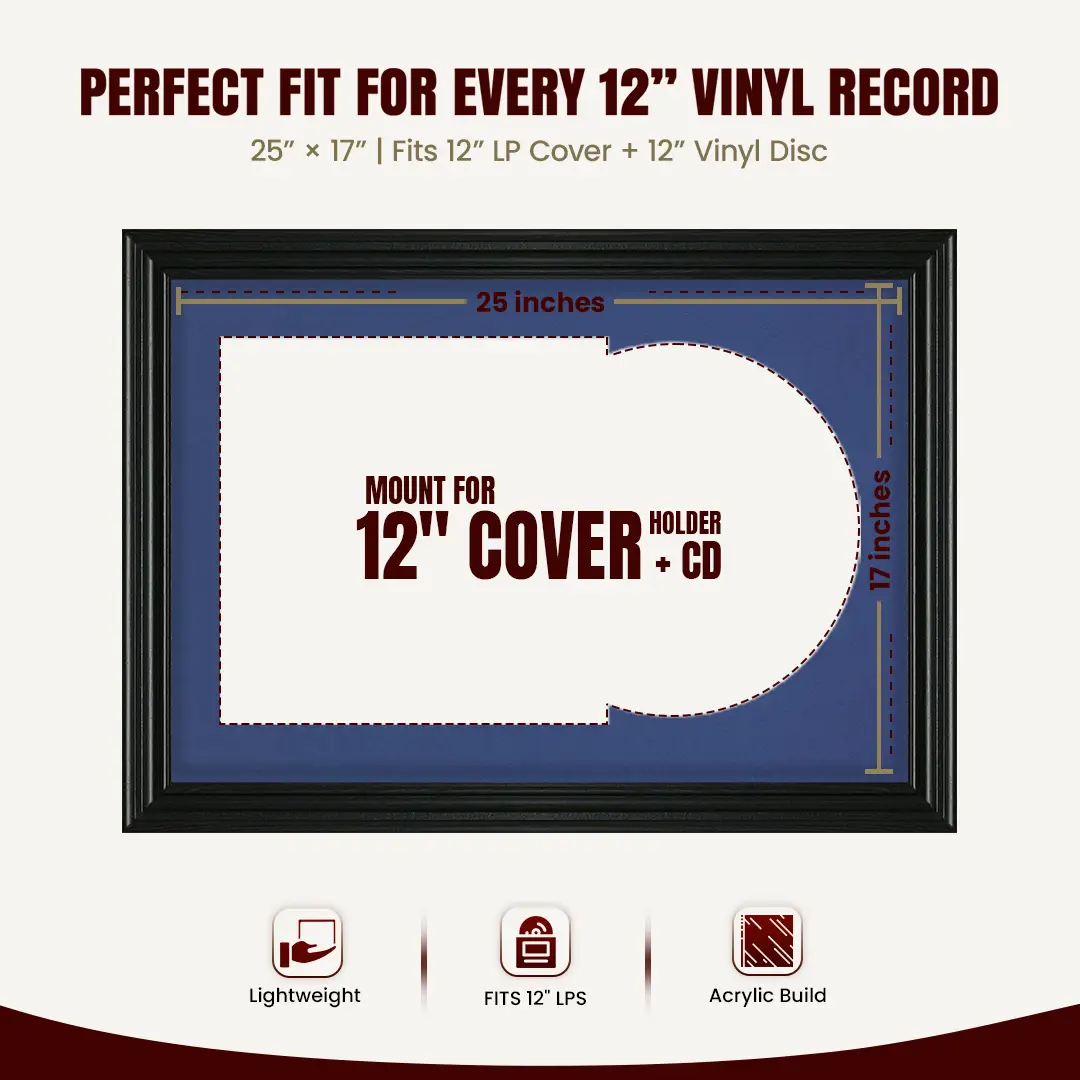 25x17" Swept Black Vinyl Record Frame For 12 Inch LP Cover & Disc With Black Mount | Overlapped Vinyl Display thumbnail 3