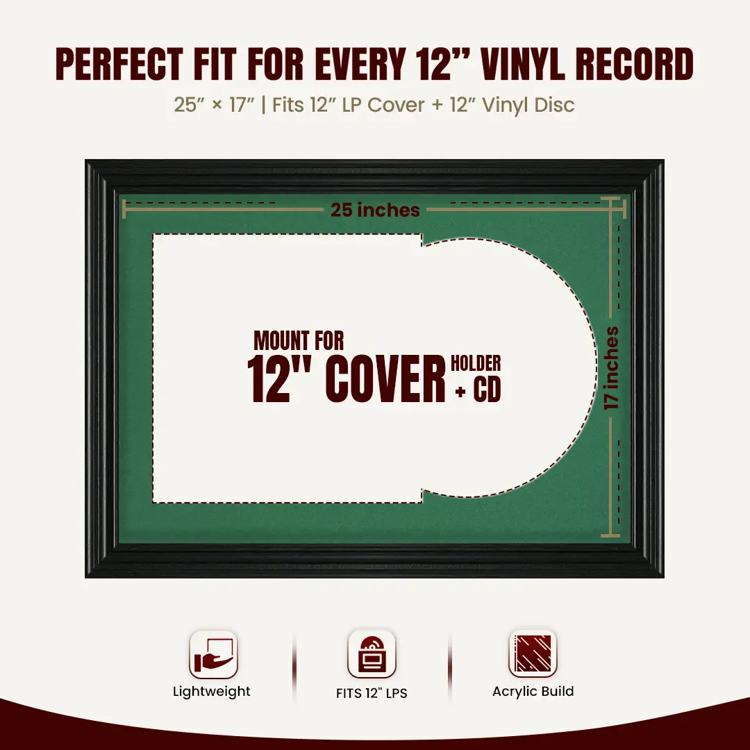25x17" Swept Black Vinyl Record Frame For 12 Inch LP Cover & Disc (Overlapped) With White Mount | Elegant Music Display thumbnail 3