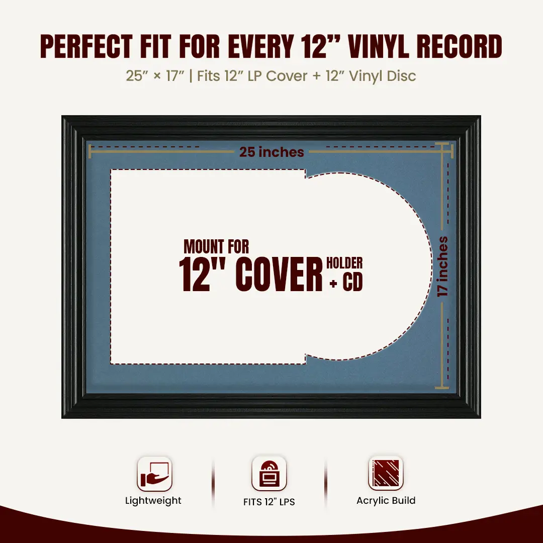 25x17" Swept Black Vinyl Record Frame For 12 Inch LP Cover & Disc (Overlapped) With White Mount | Elegant Music Display thumbnail 3