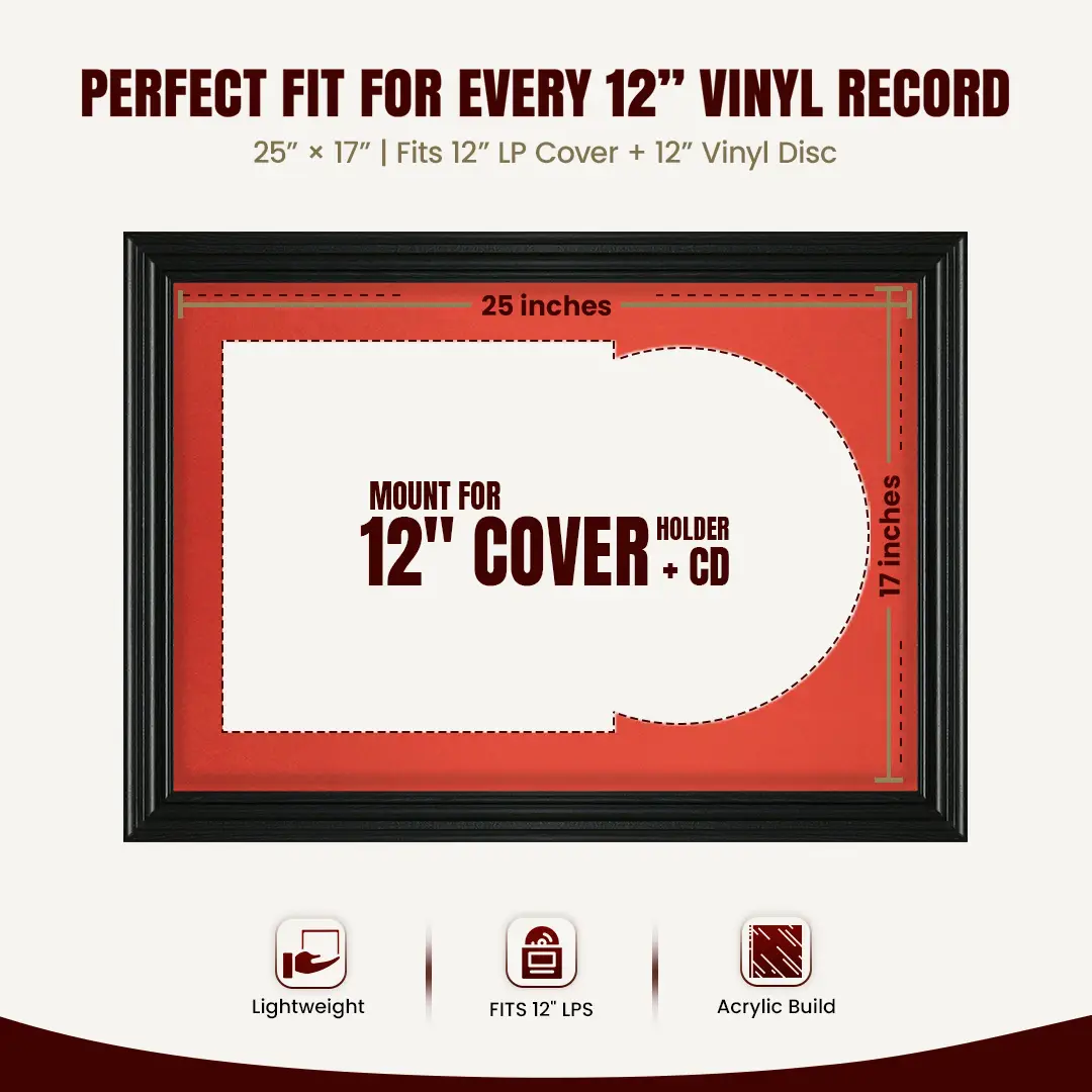 25x17" Swept Black Vinyl Record Frame For 12 Inch LP Cover & Disc With Black Mount | Overlapped Vinyl Display thumbnail 3