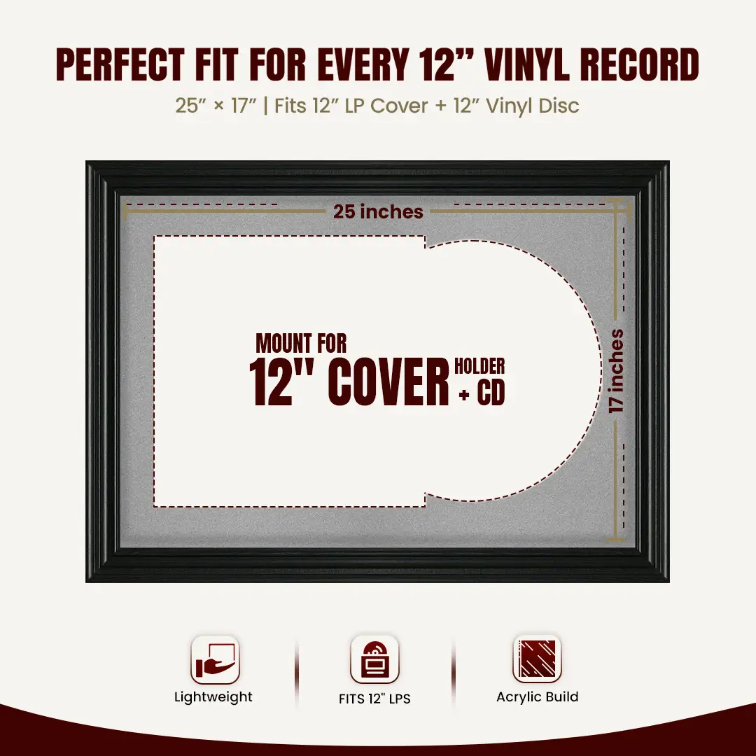 25x17" Swept Black Vinyl Record Frame For 12 Inch LP Cover & Disc (Overlapped) With White Mount | Elegant Music Display thumbnail 3