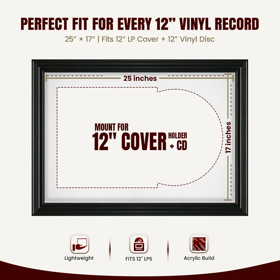 25x17" Swept Black Vinyl Record Frame For 12 Inch LP Cover & Disc (Overlapped) With White Mount | Elegant Music Display thumbnail 3