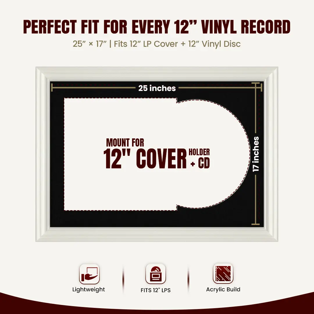 25x17" Swept White Vinyl Record Frame For LP Cover & Disc With Black Mount | Overlapped Display thumbnail 3