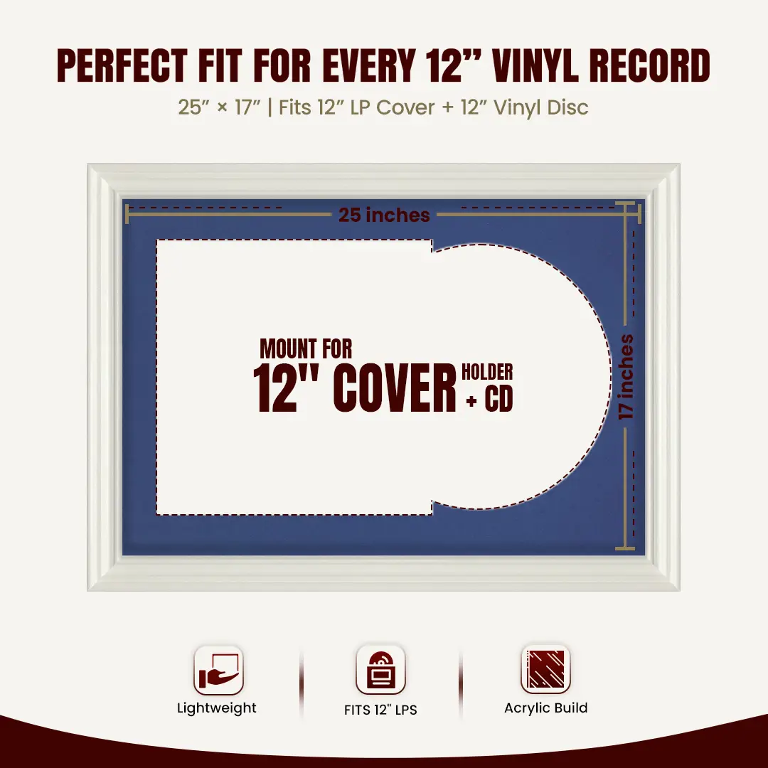 25x17" Swept White Vinyl Record Frame For 12 Inch LP Cover & Disc With Black Mount | Overlapped Vinyl Display thumbnail 3