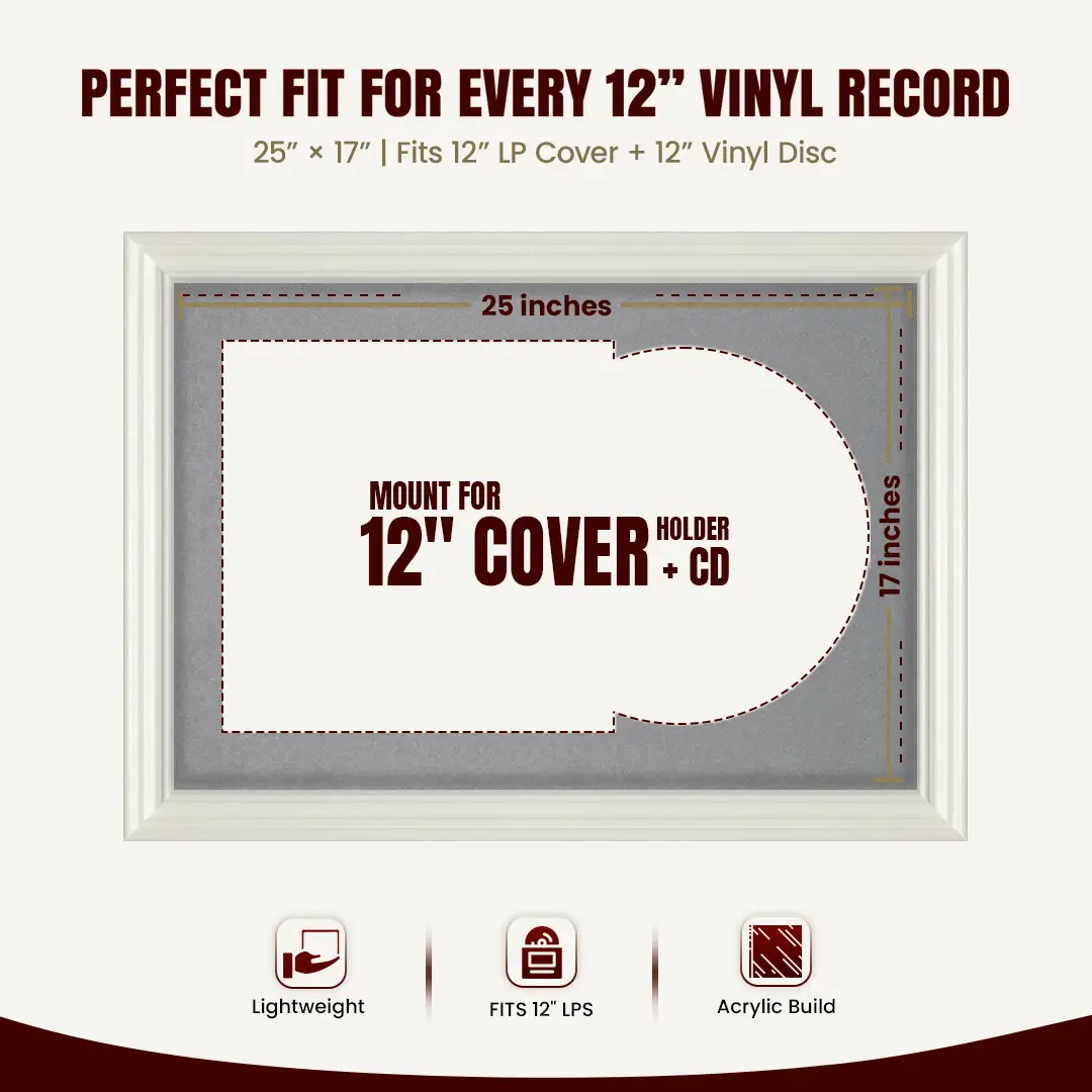 25x17" Swept White Vinyl Record Frame For LP Cover & Disc With Mid Grey Mount | Overlapped Display thumbnail 3