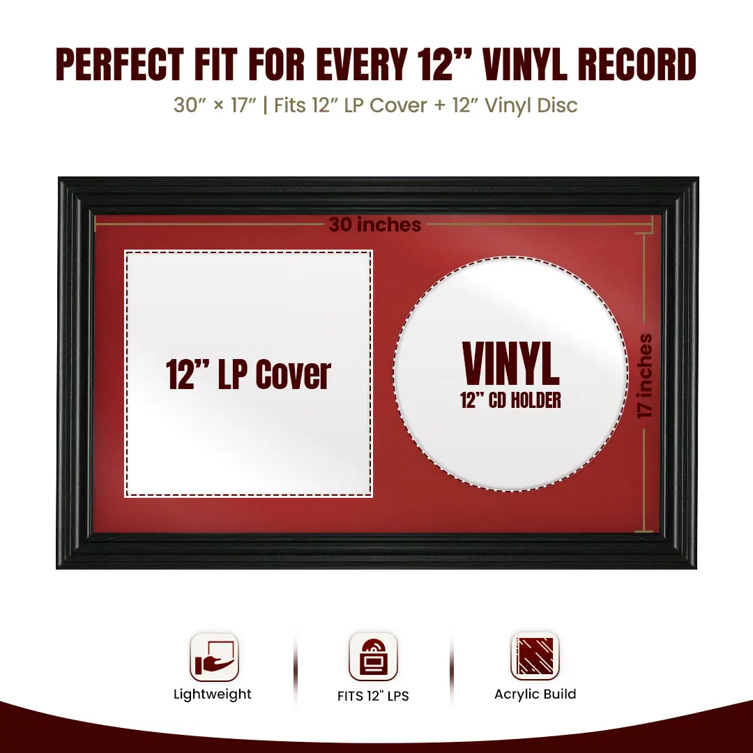 30x17" Swept Black Vinyl Record Frame With Poppy Red Mount | Side by Side 12" LP Cover & Disc Display thumbnail 3