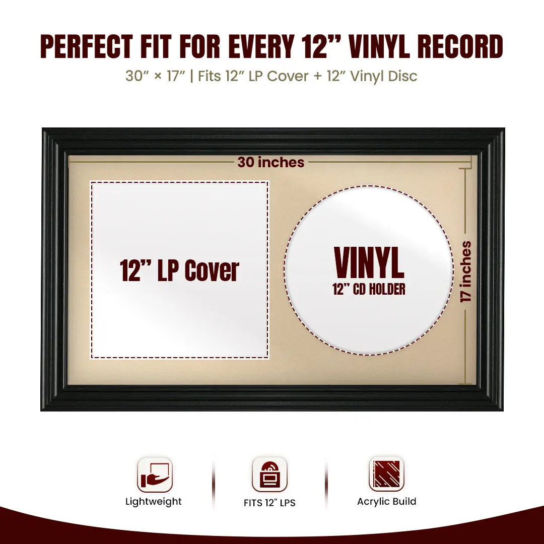 30x17" Swept Black Vinyl Record Frame With Silver Mount | For 12" LP Cover and Disc Side By Side Display thumbnail 3