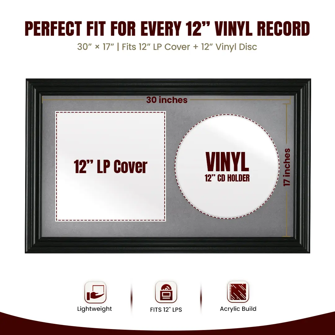 30x17" Swept Black Vinyl Record Frame With Silver Mount | For 12" LP Cover and Disc Side By Side Display thumbnail 3