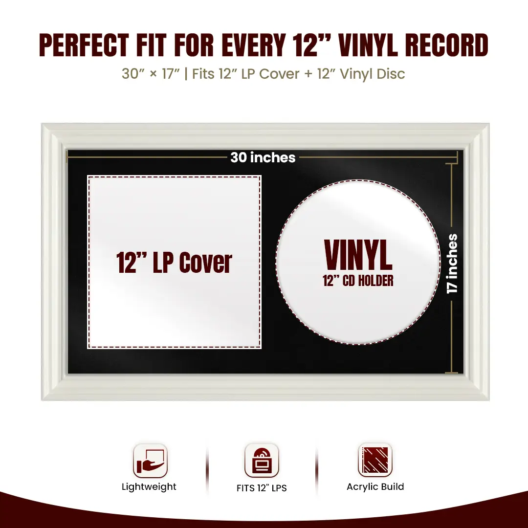 30x17" Swept White Vinyl Record Frame With Poppy Red Mount | Side by Side 12" LP Cover & Disc Display thumbnail 3