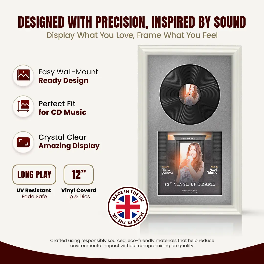 30x17" Swept White Vinyl Record Frame With Silver Mount | For 12" LP Cover and Disc Side By Side Display thumbnail 8