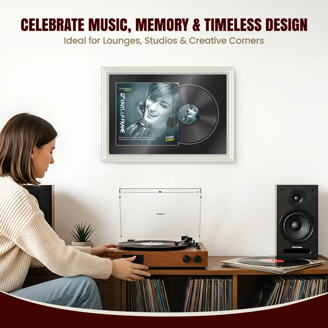 25x17" Swept White Vinyl Record Frame For LP Cover & Disc With Black Mount | Overlapped Display thumbnail 4